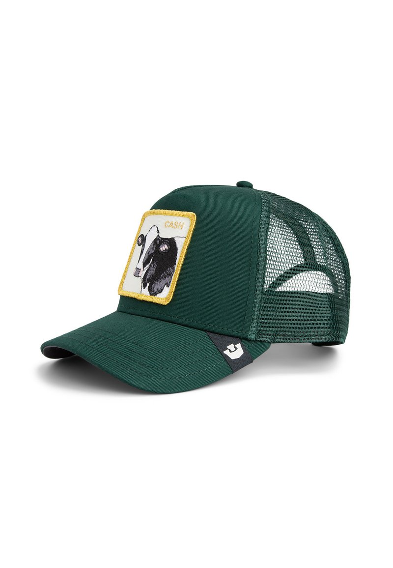 Green cap with mesh back, featuring a square patch of a black-and-white cow and the word "CASH" in yellow stitching.