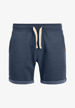 Marineblaue Shorts aus weichem Stoff mit einem verstellbaren Bund, umgeschlagenen Säumen und einem kleinen Logo-Akzent an der Seite.