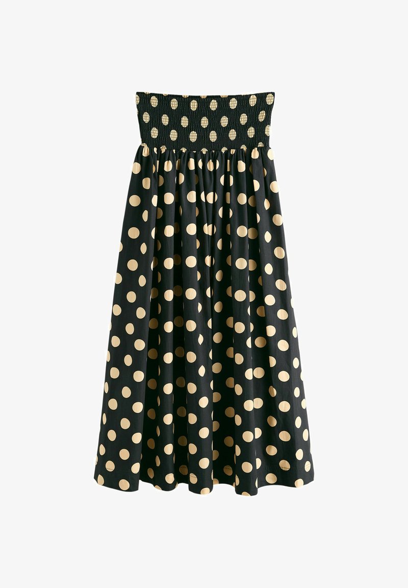 Robe midi noire sans bretelles avec pois beige et corsage ajusté smocké.