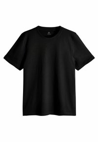 T-shirt in cotone nero a maniche corte con collo rotondo, esposto su uno sfondo bianco.
