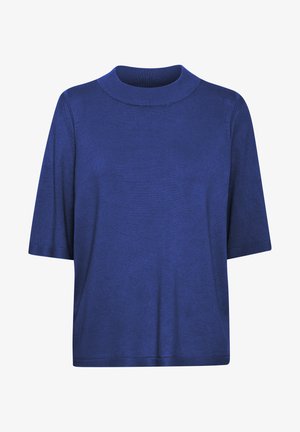 Korte mouwen crew neck top in donkerblauw. Gemaakt van een soepele gebreide stof, met een losvallende pasvorm en ribbenkraag en -manchetten.