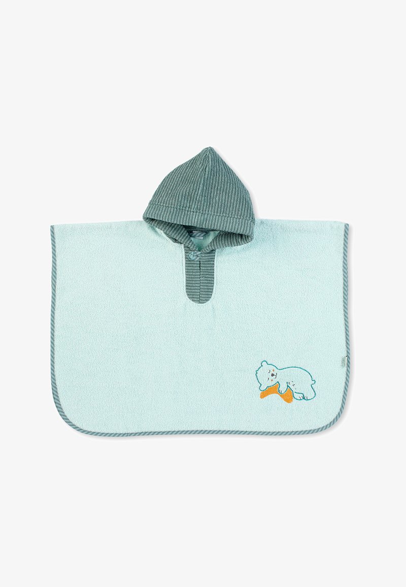 Hooded poncho in soft mint green terrycloth, featuring a ribbed green collar and a bear graphic with an orange accent. Trimmed edges.