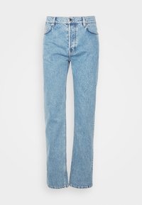 Ljusblå denimjeans med rak passform, som har en knapp och blixtlås, fem fickor och en subtil blekt textur.