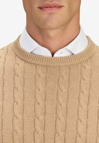 Beige gebreide trui met een kabelpatroon en een ronde hals, gedragen over een witte blouse met kraag. Gestructureerde stof met een geribbelde halslijn.