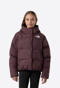 Bordo rjavi puhasti suknjič z visokim ovratnikom, vodoravnim vzorcem prešite tkanine in logotipom na levi strani prsnega koša. Debela, mehka tkanina, zasnovana za toploto.