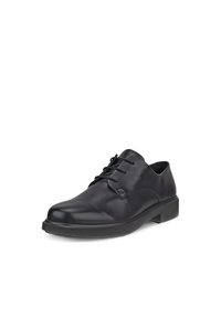 Scarpe in pelle nera con finitura liscia, punta circolare, tacco a blocco basso e chiusura con lacci che presenta due serie di occhielli.