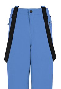 Lichtblauwe broek met zwarte verstelbare bretels, twee zijzakken met rits en een knoopsluiting in de tailleband. Gladde textuur.