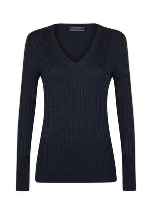 Pull à col en V bleu marine à manches longues avec un motif en maille torsadée et des poignets et un ourlet côtelés.