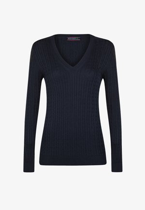 Marineblauer, langärmliger V-Ausschnitt-Pullover mit einem Kabelstrickmuster sowie gerippten Bündchen und Saum.