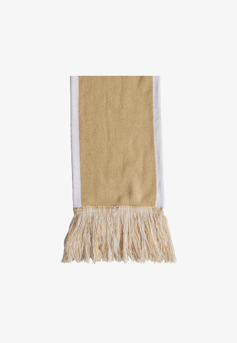 Toalla de algodón en beige con rayas blancas y flecos decorativos en la parte inferior. Textura suave, forma rectangular y material duradero.