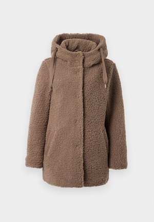 Jachetă din fleece maro, cu guler înalt, glugă și accente cu șnur. Dispune de buzunare laterale și un exterior texturat, confortabil.
