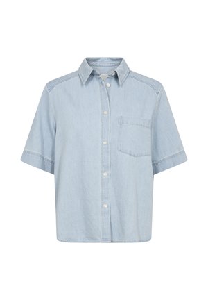 Svetlo modrá košeľa s krátkym rukávom z denimu, so golierom, predným vreckom a zapínaním na gombíky. Uvoľnený strih s rovnými lemami.