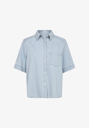 Svetlo modra kratka majica s kratkimi rokavi iz denima, ki ima ovratnik, sprednji žep in gumbasto zapiranje. Ohlapen kroj z ravnim robom.