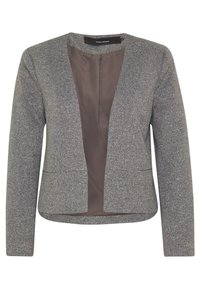 Blazer gris texturé avec une doublure marron lisse, design ouvert à l'avant, manches longues et détails de couture minimalistes. Pas de fermetures visibles.
