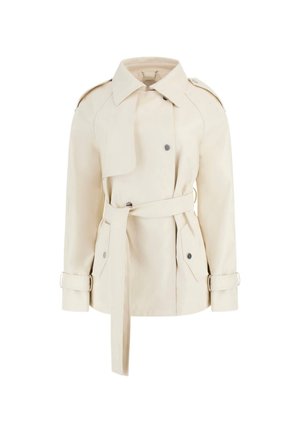 Beige trench coat with a belted waist, double-breasted buttons, shoulder epaulettes, and rolled cuffs. Smooth, structured fabric texture.