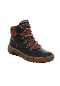 Bottine en cuir noir avec un revers tricoté multicolore, profil courbé, design à lacets et semelle en caoutchouc avec surface de préhension texturée.