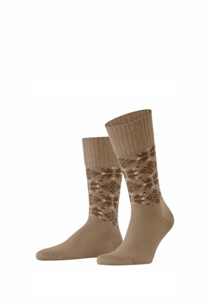 Braune Stricksocken mit einem gemusterten Rippbündchen und einem geometrischen Design in helleren Farbtönen. Weicher Stoff, mittlere Schafthöhe und nahtlose Verarbeitung.