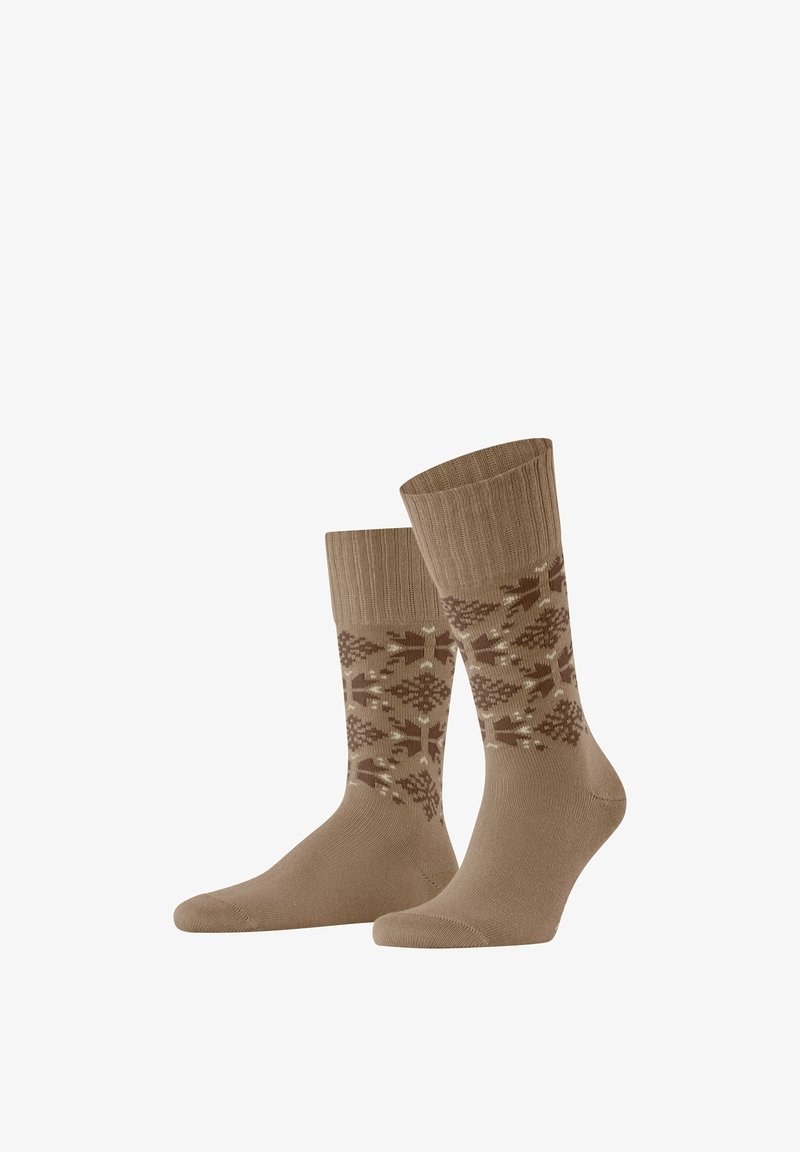 Chaussettes en tricot marron avec un poignet à côtes à motifs géométriques dans des teintes plus claires. Texture douce, hauteur mi-mollet et construction sans couture.