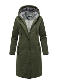 Olive green parka coat with a quilted gray interior, featuring a detachable hood, zip closure, two side pockets, and drawstring accents.