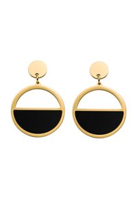 Goldfarbene, kreisförmige Ohrringe mit schwarzem Emaille in Halbmondform, ausgestattet mit einem oberen runden Stecker und einem offenen, geteilten Design.