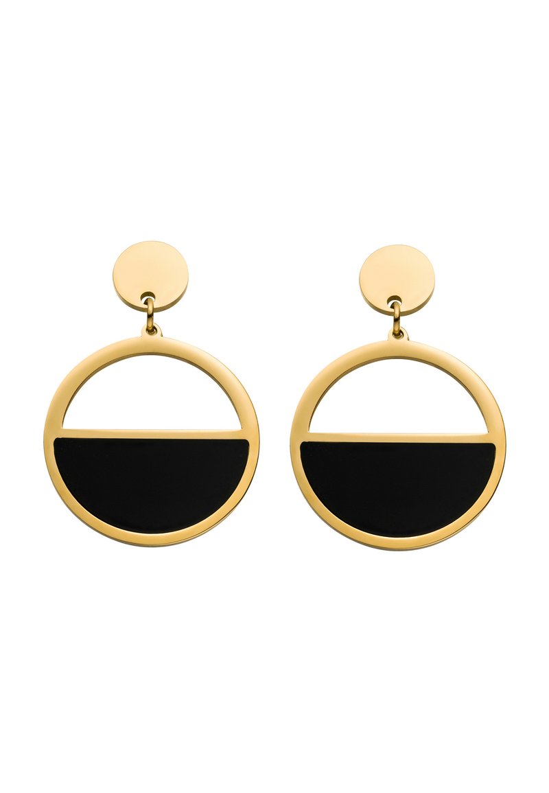Goldfarbene, kreisförmige Ohrringe mit schwarzem Emaille in Halbmondform, ausgestattet mit einem oberen runden Stecker und einem offenen, geteilten Design.
