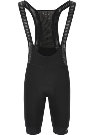 Cuissard de vélo noir avec bretelles en mesh respirant, rembourrage au niveau de l'assise et tissu lisse et extensible. Présente un design minimaliste sans logos visibles.