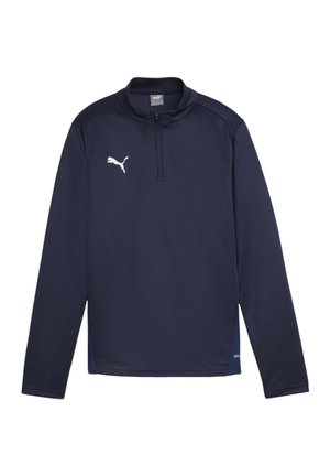 T-shirt de sport à manches longues bleu marine avec un col zippé, logo Puma blanc sur la poitrine, et un tissu texturé pour la respirabilité et le confort.