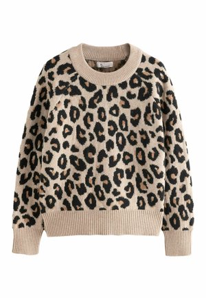 Pull en imprimé léopard beige avec des taches noires et brunes. Col ras du cou, ourlet et poignets côtelés, tissu tricoté texturé, coupe décontractée.