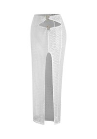 Witte kant lange rok met een hoge split, cirkelvormige gouden accenten op de taille en een gemêleerd kantpatroon over de gehele rok.
