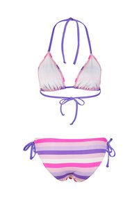 Haut de bikini triangulaire en blanc, rose et violet avec des liens. Bas assorti présentant des rayures horizontales dans des tons de rose et de violet.