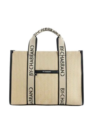Sac fourre-tout tissé beige avec bords et poignées noirs imprimés avec le texte "BY CHABRAND" en noir.