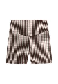 Short taille haute avec un motif à carreaux marron et blanc et une large ceinture.