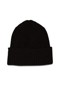 Gorro de punto negro con textura acanalada, que presenta un puño doblado y un diseño de parte superior redondeada. Tejido suave para calidez y comodidad.