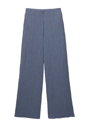 Wide-leg pants made from textured blue fabric, featuring a ribbed pattern and an elastic waistband for comfort and fit.