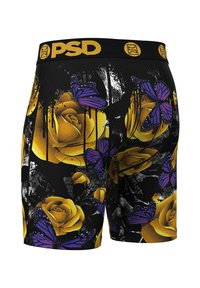 Boxer neri con rose gialle e farfalle viola. Progettati con una vita testurizzata che mostra il logo "PSD" in giallo.