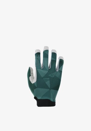Green and white breathable sports glove with black adjustable wrist strap, showing back of the hand with geometric pattern and small perforations.