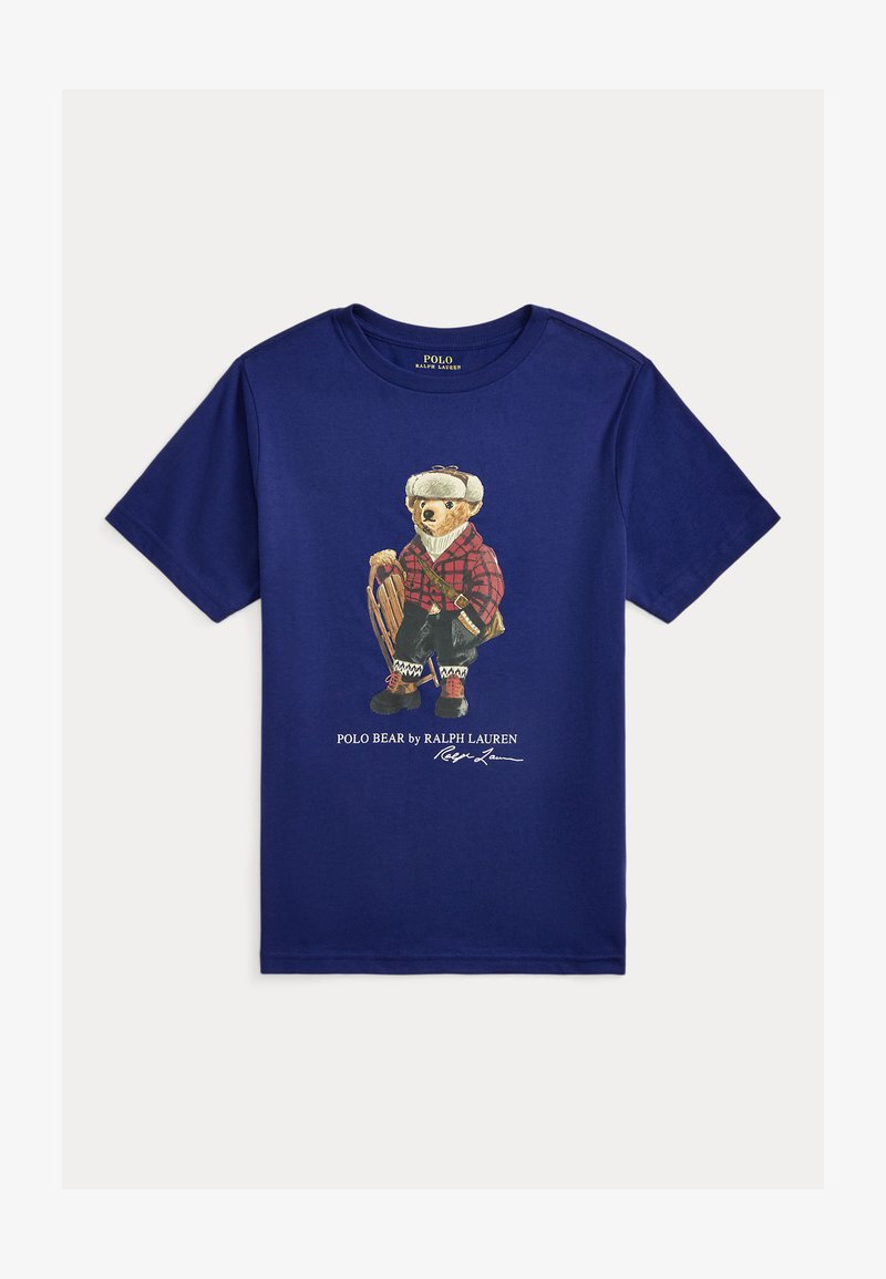 Granatowy bawełniany t-shirt z grafiką niedźwiedzia w flanelowej koszuli i zimowym stroju, z napisem „POLO BEAR by RALPH LAUREN” pod obrazkiem.