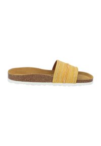 Sandal in gomma gialla con cinturini testurizzati, una soletta in sughero e una suola in gomma bianca. Interno liscio con un design ondulato sui cinturini.