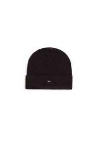 Gorro de punto negro con un patrón a cuadros, que presenta una textura suave y un puño doblado. Pequeña etiqueta de logo cosida en el lateral.