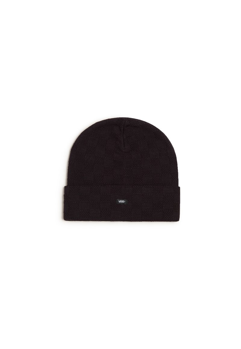 Gorro de punto negro con un patrón a cuadros, que presenta una textura suave y un puño doblado. Pequeña etiqueta de logo cosida en el lateral.