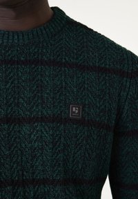 Groen en zwart gestreepte gebreide trui met een geribbelde ronde hals en een gestructureerd visgraatpatroon. Heeft een klein zwart label op de borst.