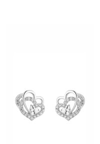 Ett par silverörhängen i hjärtform prydda med små klara kristaller och en större tårformad kristall i mitten.