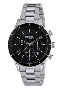 Montre chronographe pour homme en acier inoxydable Breil Tribe avec cadran noir, trois sous-cadrans, affichage de la date et bracelet en maillons argentés.