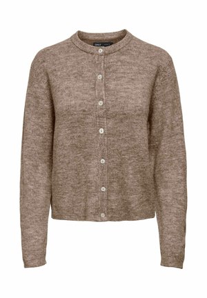 Cardigan marron tricoté avec manches longues, col rond et boutons blancs sur le devant.