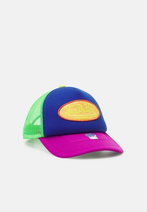 Basecap mit neon-grünem Mesh-Rücken, blauem Frontpanel, violettem Schirm und gelbem "Von Dutch Originals" Logo-Patch vorne.