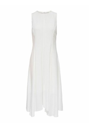 Robe midi blanche sans manches avec encolure ronde et ourlet asymétrique, avec un corsage ajusté et des détails subtils de coutures verticales.
