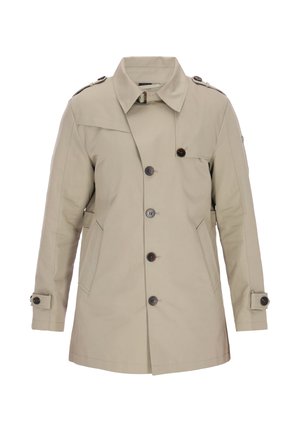 Beige trenssitakki, jossa on nappikiinnitys edessä, kaksi sivutaskua ja olkapäillä olkatoppaukset. Sileä kangas ja klassinen muotoilu.