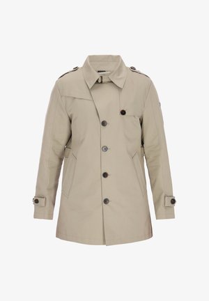 Trench beige con chiusura a bottoni, due tasche laterali e spalline sulle spalle. Tessuto liscio con un design classico.