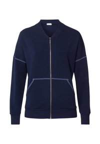 Marine blauwe rits-sweatshirt met een bomber-kraag, voorzien van voorzakken, contrasterende stiksels en ribgebreide manchetten en zoom. Zachte stof.