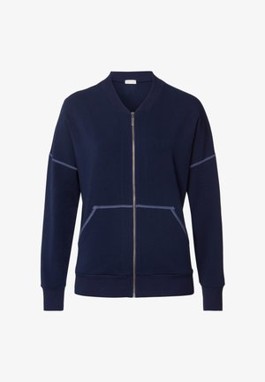 Sweatshirt zippé marine avec col bomber, comportant des poches avant, des coutures contrastées et des poignets et un ourlet côtelés. Matériau doux.